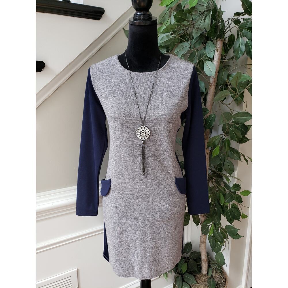 Dodry Sweater Dress Womens Medium Gray Blue Knit Long Sleeve Round Neck Pullover